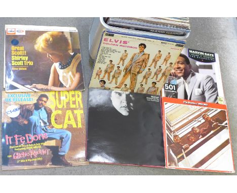 A case of LP records, John Cooper Clark, Moody Blues, Elvis Presley, Bob Dylan, etc., thirty-eight in total