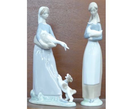 A Lladro figure of a girl holding a goose and a Nao figure