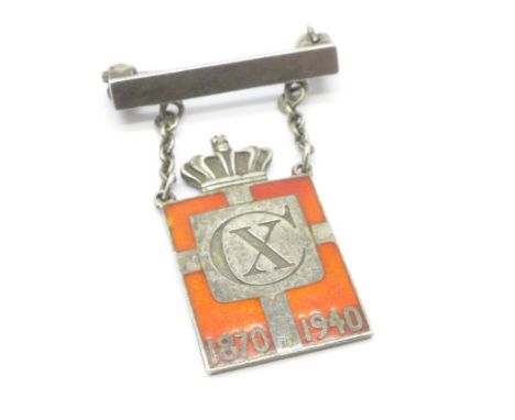 A WWII Danish silver and enamel patriots badge by Georg Jensen, 1870-1940, commemorating the 70th birthday of King Christian 