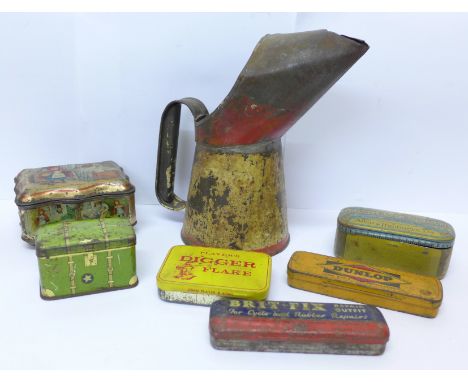A collection of vintage tins including Champion's Mustard with Little Red Riding Hood fairy tale scenes, Allenburys Glycerine