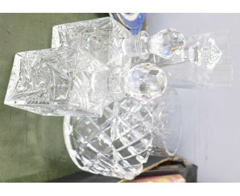 A Royal Brierley crystal vase, an Orrefors heavy crystal bowl, one other crystal bowl and three lead crystal decanters