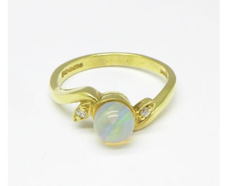 An 18ct gold, globular bead opal and diamond ring, 3.9g, P