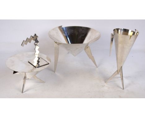 An unusual Australian white metal three piece oversized tea service comprising conical teapot with zigzag handle, square sect