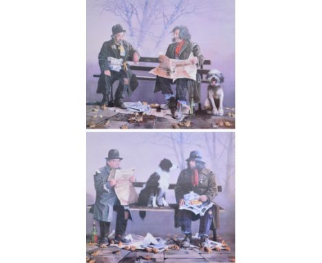 After LARRY RUSHTON; a pair of signed limited edition coloured prints, two tramps on a park bench with dog, one no.33/1000, t