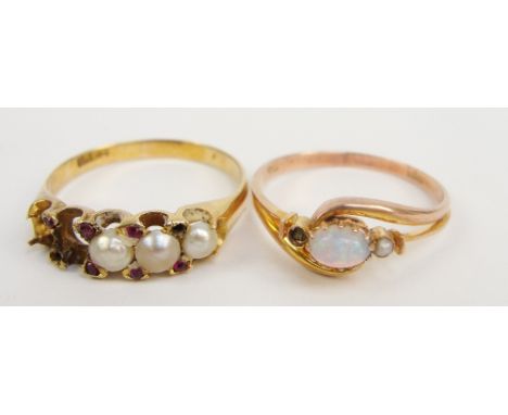 An 18ct yellow gold cultured pearl set ring (four stones missing), size Q, approx 2.8g and a further 9ct opal ring, size N (o