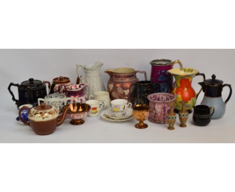 A weight of decorative Victorian and later ceramics including a Goss crested ware cup for Bollington depicting White Nancy, a