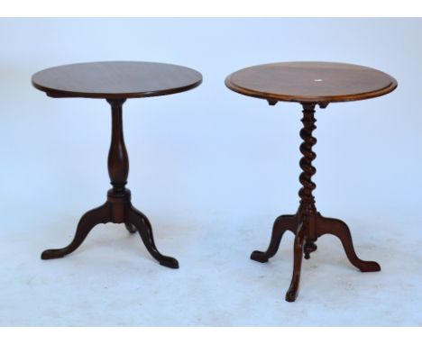 Two early 19th century tripod occasional tables. CONDITION REPORT: Both replaced tops and heavy wear.