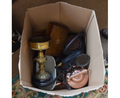 A quantity of metalware including two copper kettles, a wrought iron kettle, a brass lamp, kitchen scales, etc.
