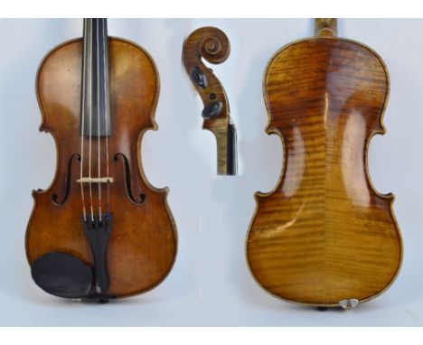 A full size German Stradivarius copy violin with two-piece back, length 35.7cm. CONDITION REPORT: Quite heavy surface scratch