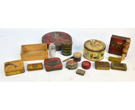 A group of various vintage tins to include Mackintosh's Quality Street Chocolates, Oxo Cubes, etc, also a vintage carved wood