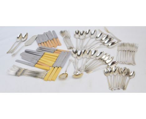 A post 1888 German silver twelve setting cutlery set, comprising soup spoons, dessert spoons, dinner forks, dessert forks, te