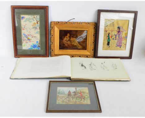 A crystoleum of two ladies on a riverbank reading a letter, a small hunting print, two embroidered pictures of Oriental scene