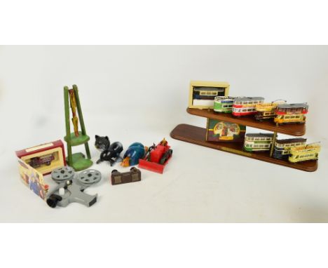 Eight boxed Corgi trams and collector's stand, two boxed H Samuel examples, also a boxed Dinky Supertoys 561 Blaw Knox bulldo