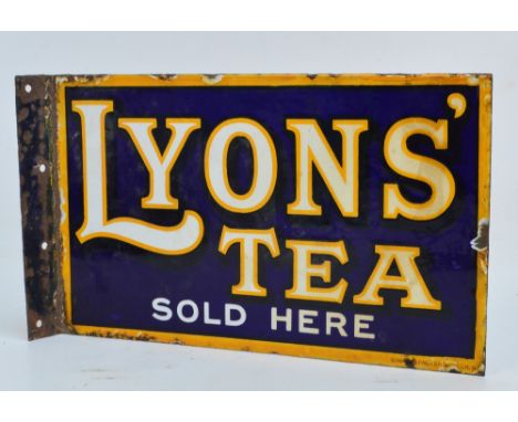 A vintage enamelled iron double sided sign, "Lyons' Tea Sold Here", with flange, 39 x 23cm. CONDITION REPORT: Flange complete