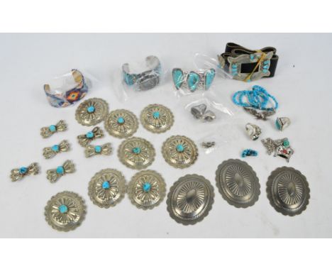 A quantity of turquoise set jewellery, also some silver jewellery including two decorative hardstone set rings, beadwork bang