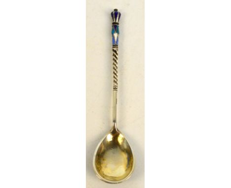 A late 19th century Russian silver and enamel floral decorated spoon with gilt wash bowl and twist stem, Moscow, stamped with