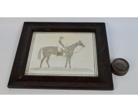 A mirror with a back etched design of a racehorse "Paradox", 33.5 x 38cms including frame, and a pewter mounted circular tree