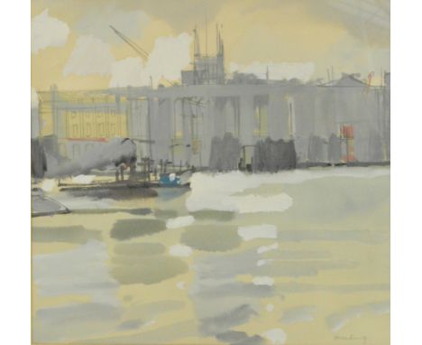HUNTING; gouache, riverside landscape with building beyond, signed, 26.5 x 25cm, framed and glazed.