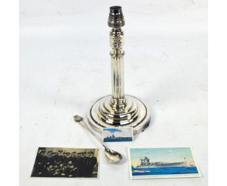 A plated table lamp, the fluted stem raised on stepping circular base, decorated with Royal Navy emblems, height 27.5cm, also