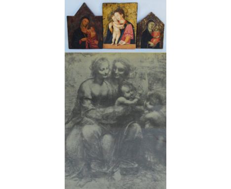 Three replica icons, oil on board, each depicting Madonna and child, largest 38.5 x 27.5cm, also a framed and glazed print af