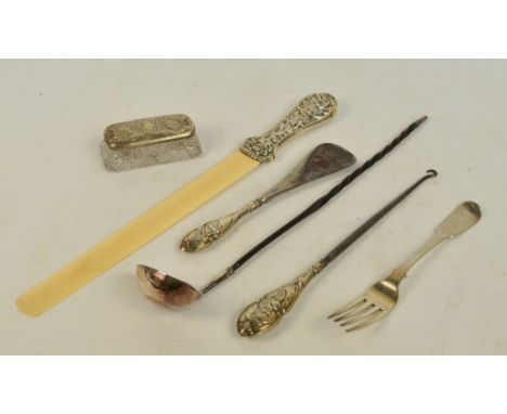 A group of hallmarked silver items including a Victorian silver handled and ivory bladed page turned embossed with foliate an