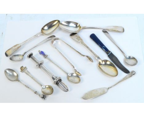 A group of various hallmarked silver spoons, including three fiddle pattern teaspoons, London 1848, 1850 and 1853, three souv