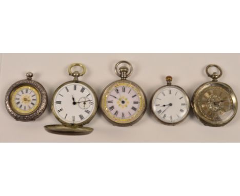 A small silver full hunter fob watch, a silver open face pocket watch with engraved silver dial and three further fob watches