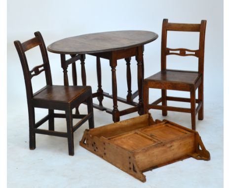 A small dropleaf table, a wall shelf, and two oak chairs (4).