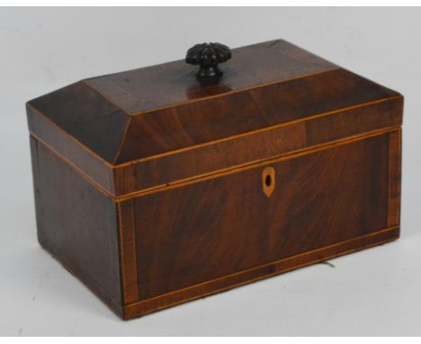 An early Victorian mahogany boxwood strung tea caddy with three internal lidded compartments, width 29.5cm.