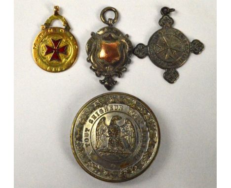 A 9ct yellow gold and enamel MRNDAC 1906 fob medal and two further silver examples, all awarded to James Thorn, also a cased 