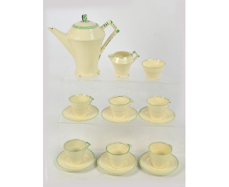 A Myott Son & Company Art Deco style hand painted coffee set comprising a coffee pot, six coffee cans and saucers, a milk jug