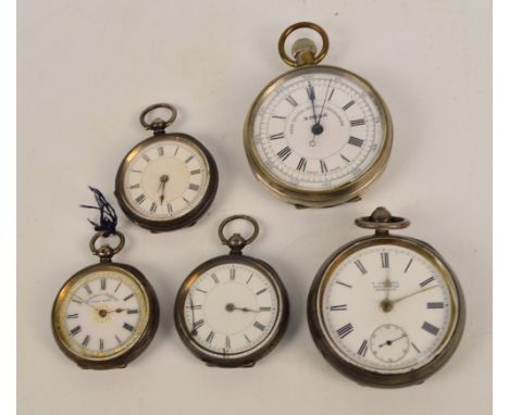 Four hallmarked silver cased open face pocket watches, various sizes, and an chronograph.