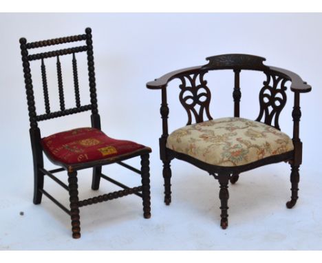 A low oak corner chair, and bobbin turned chair (2).
