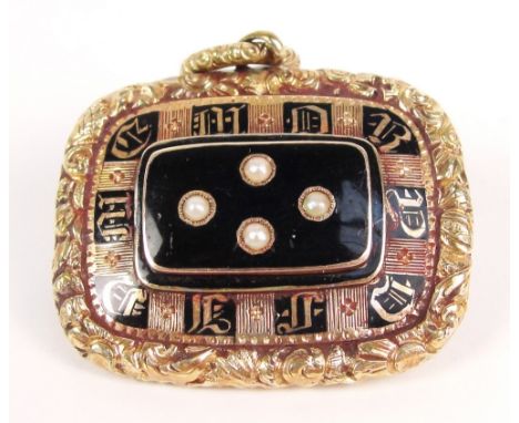 An early Victorian yellow metal and enamel mourning brooch of rounded rectangular form set with four pearls, with cast floral
