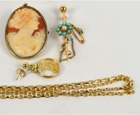 A 9ct yellow gold open link chain necklace, length 60cm, a yellow metal pearl and turquoise floral bar brooch, a 12ct gold an