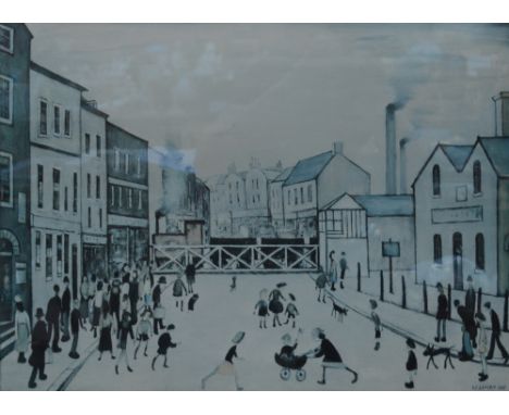 After LAURENCE STEPHEN LOWRY R.A. (1887-1976); a signed limited edition coloured print "Level Crossing, Burton on Trent", sig