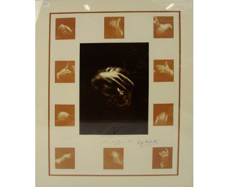 A signed limited edition print portrait of Sir John Barbirolli (1899-1970), surrounded with images of various conducting gest