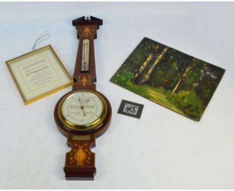 An inlaid mahogany wheel barometer by Short & Mason of London with presentation plaque "Awarded to W.F. Watson", sold with ce