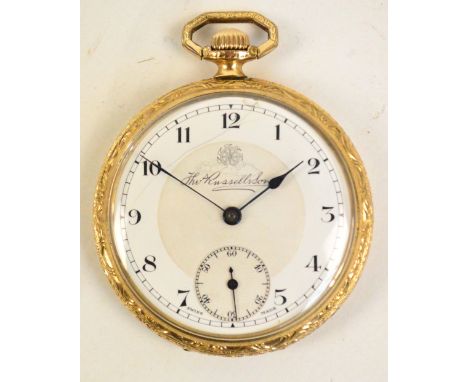 THOS. RUSSELL & SON, LIVERPOOL; a gold plated open faced crown wind pocket watch with floral decoration to the border, the ci