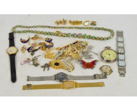 A quantity of costume jewellery including brooches, bead necklace, etc, also a silver cased open face crown wind pocket watch