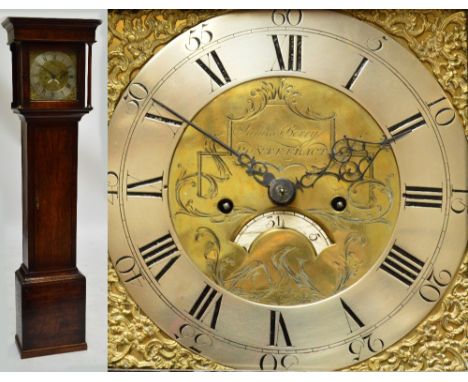 A George III oak longcase clock with 11" brass dial, with silvered chapter ring set with Roman numerals and date aperture, th