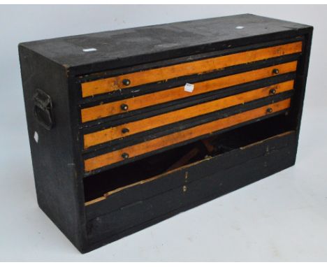A small wooden twin handled tool chest with four drawers above larger section with fall front (af), containing various tools 