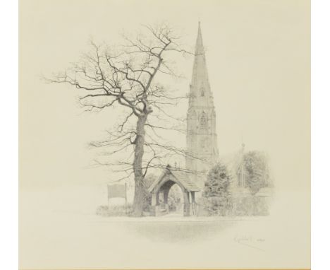 After GELDART; a signed limited edition black and white print of Alderley Edge Church, 87/250, 38 x 39.5cm, framed and glazed