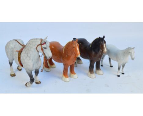 Three Beswick models of horses, and one Royal Doulton horse (4). CONDITION REPORT: Tan/chestnut shire horse has a small chip 