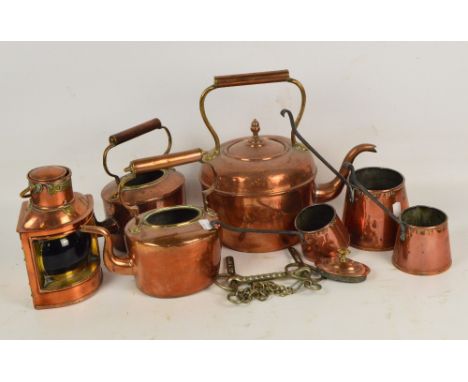 A collection of copper ware including a starboard light, kettles, etc, a horse's bit, a pair of Doulton Lambeth large stonewa