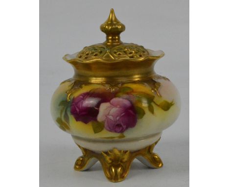 A Royal Worcester blush ivory jar and cover hand painted with roses, signed "M. Hunt" (Millie Hunt), with raised crimped gilt