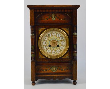 An Edwardian rosewood, simulated rosewood, satinwood and painted mantel clock, with circular dial set with Arabic numerals in