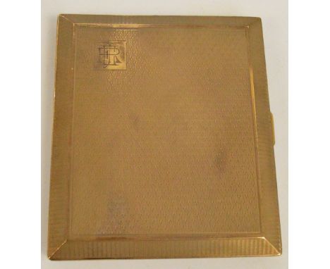 STEPHEN J. ROSE; a 9ct yellow gold cigarette case of rectangular for with overall engine turned decoration and with square ca