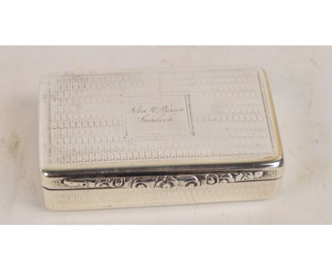 An early Victorian hallmarked silver snuff box of rounded rectangular form with central cartouche inscribed "John McPheison, 