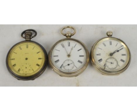 A hallmarked silver key wind open face pocket watch, the white enamel dial set with Roman numerals, another similar and a cro